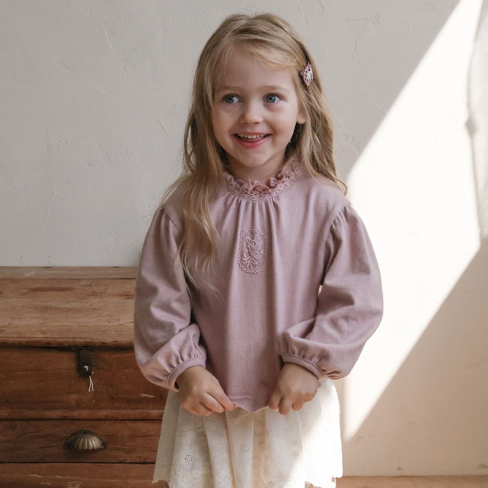 Puellaflo 蕾絲花領澎澎長袖上衣-藕粉