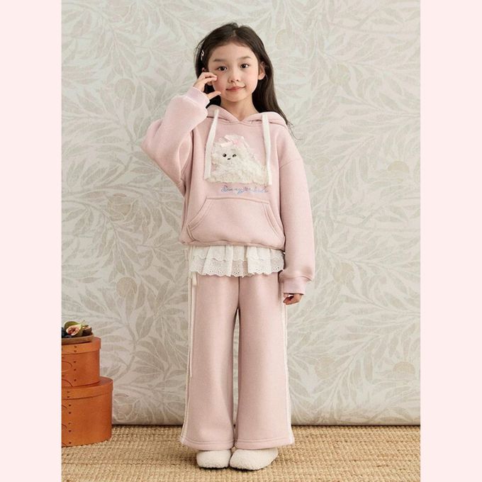 韓版捲毛小狗連帽衛衣荷葉裝飾運動褲套裝