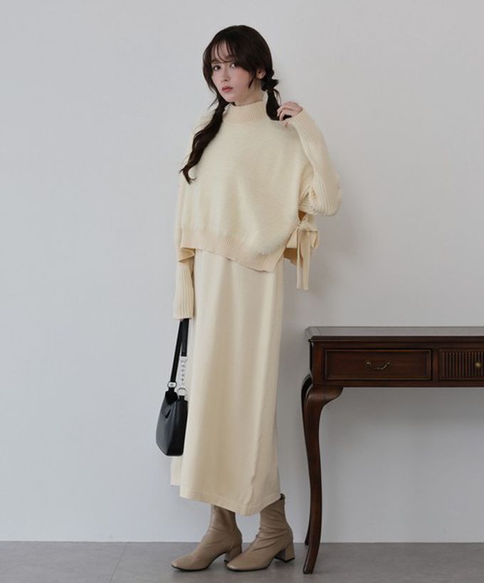 日本 BLUE EAST - [經典款]氣質針織斗篷綁帶長袖洋裝2件組-深摩卡x黑