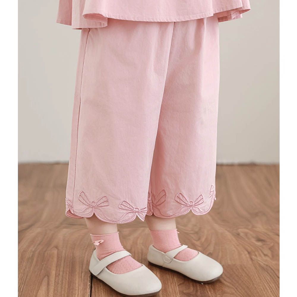 純棉花瓣褲腳八分褲-蝴蝶結刺繡-粉色