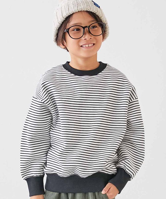 日本 devirock - 裏起毛 百搭條紋大學長袖上衣-灰藍