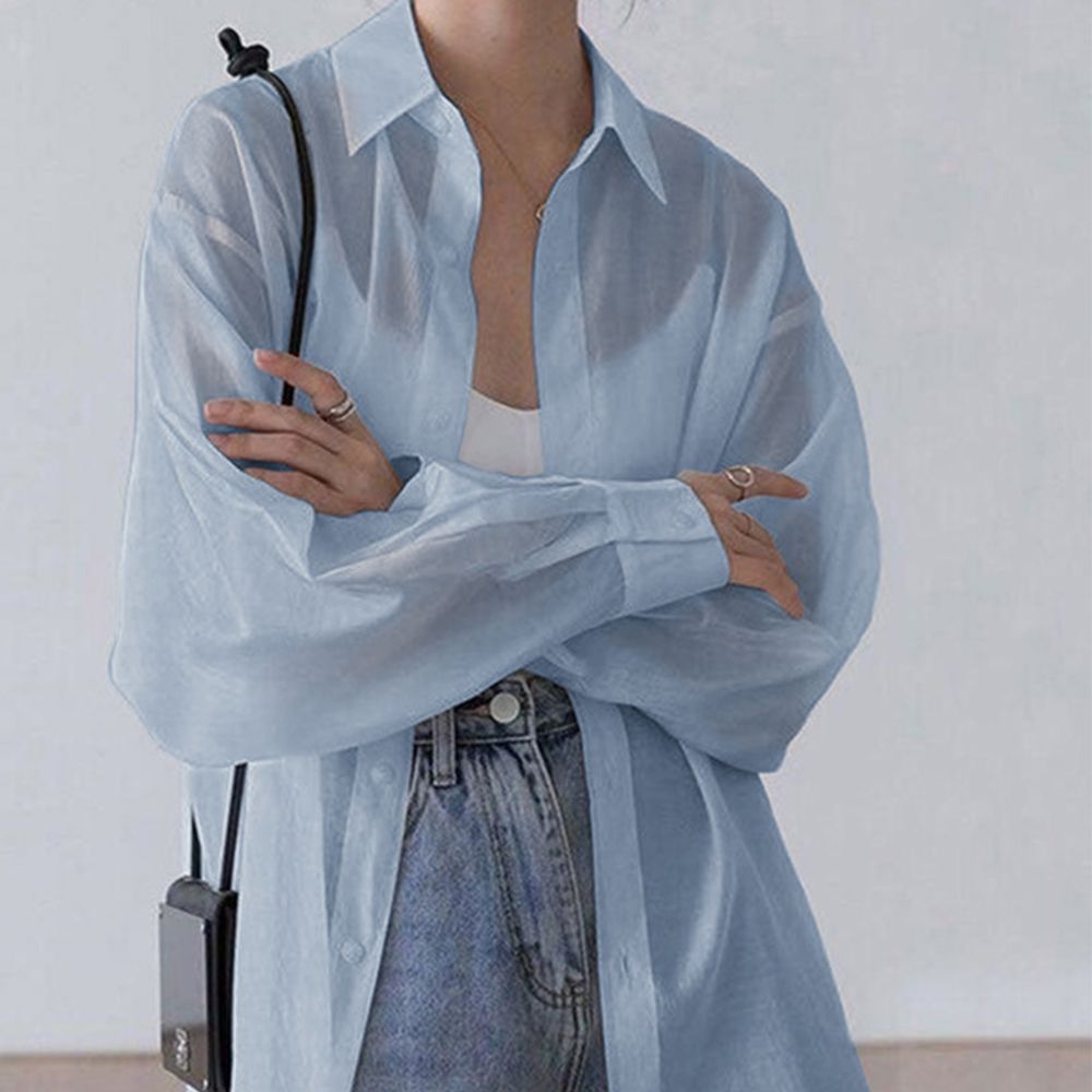 柔美透明感率性氣球袖襯衫-水藍 (M)