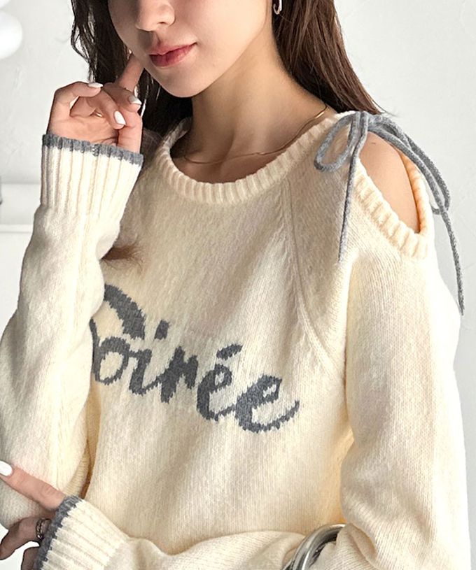 日本 Classical Elf - mily bilet 露肩綁帶唯美文字針織上衣-灰