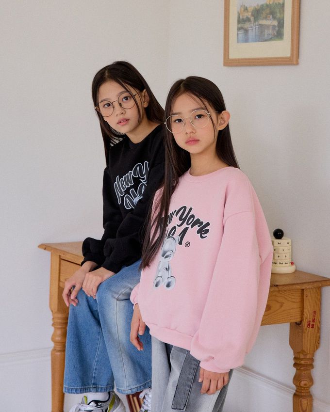 韓國 sm2 - (內磨毛)銀色小熊印長袖大學T-黑