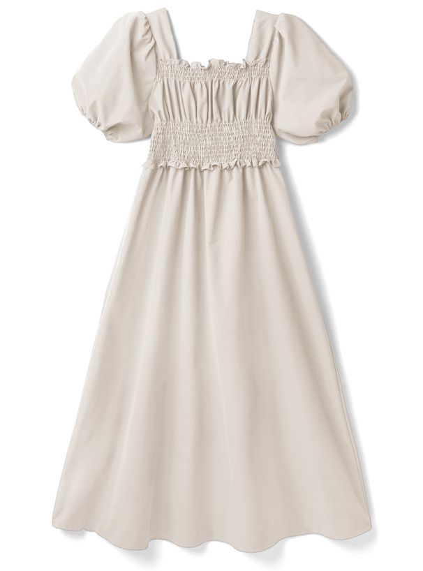 日本 GRL - 優雅公主方領泡泡袖洋裝-奶茶杏 (M)