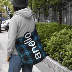 日本 Anello - O形環手柄單肩包側背包-英格蘭格紋-BL藍色