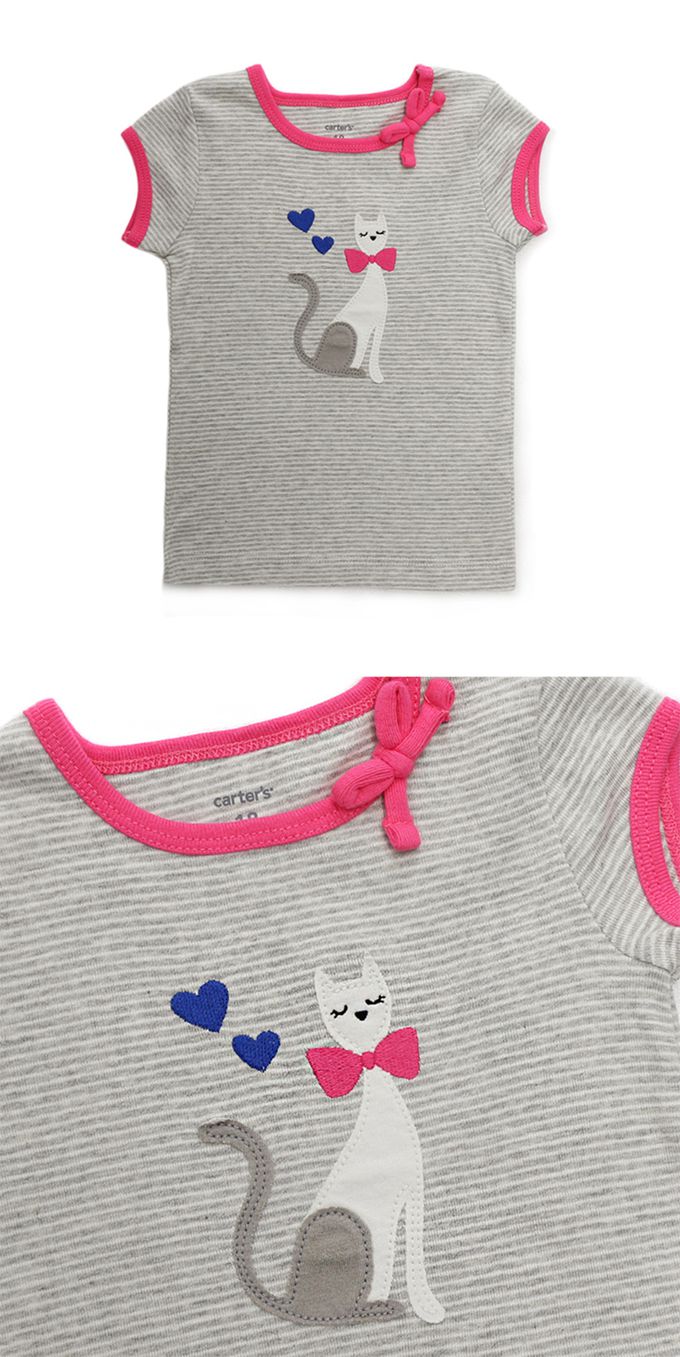 美國 Carter's - 貓咪貼布橫條紋短袖上衣