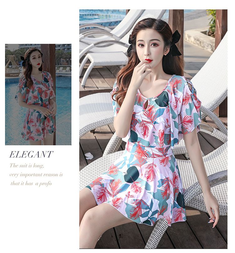 甜美修身顯瘦遮肉連身裙泳衣-潑墨幾何-藍色