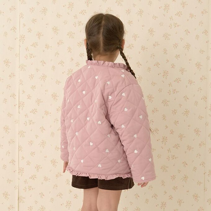 日本 Lycee mine - 滿版愛心荷葉皺褶內刷毛鋪棉外套-米白