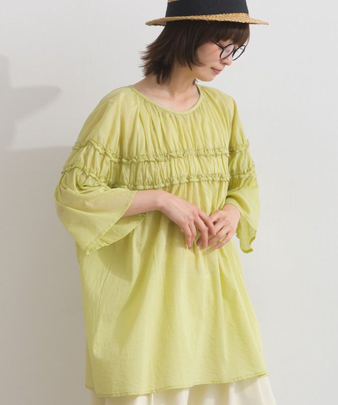 日本 Lupilien - 100%棉 輕盈感皺摺廓形五分袖上衣-藍