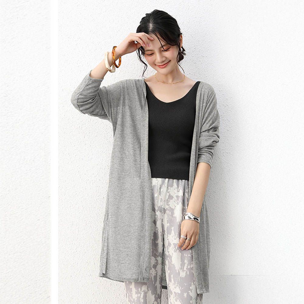 輕薄側開衩中長版防曬外套/罩衫-淺灰