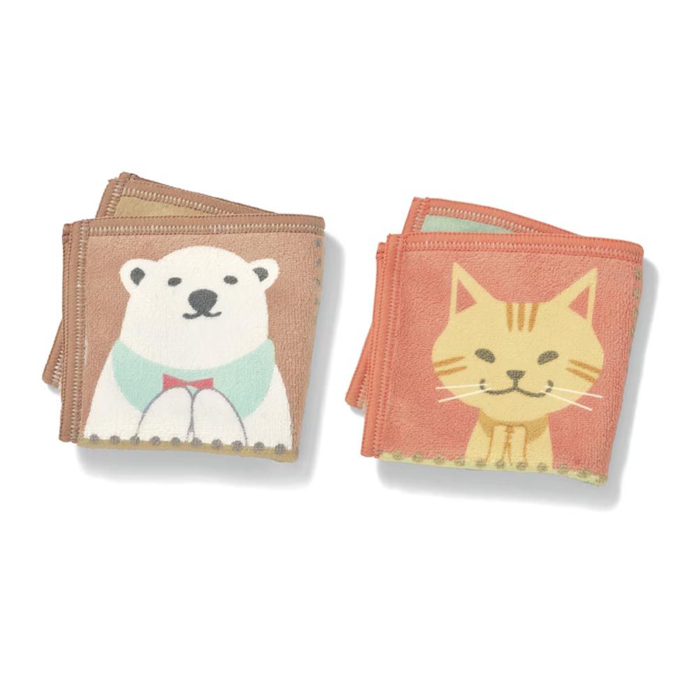 日本千趣會 - 想自己折的知育設計 純棉手帕2件組-北極熊x貓咪 (16.5×16.5cm)
