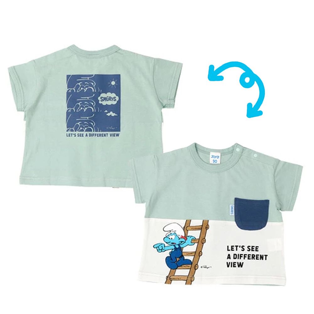 日本 ZOOLAND - 藍色小精靈聯名純棉短T-A爬梯子-綠