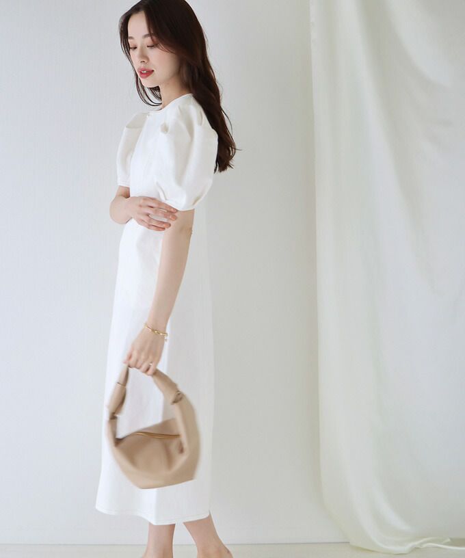 日本 BLUE EAST - 丹寧風顯瘦剪裁泡泡短袖洋裝-白