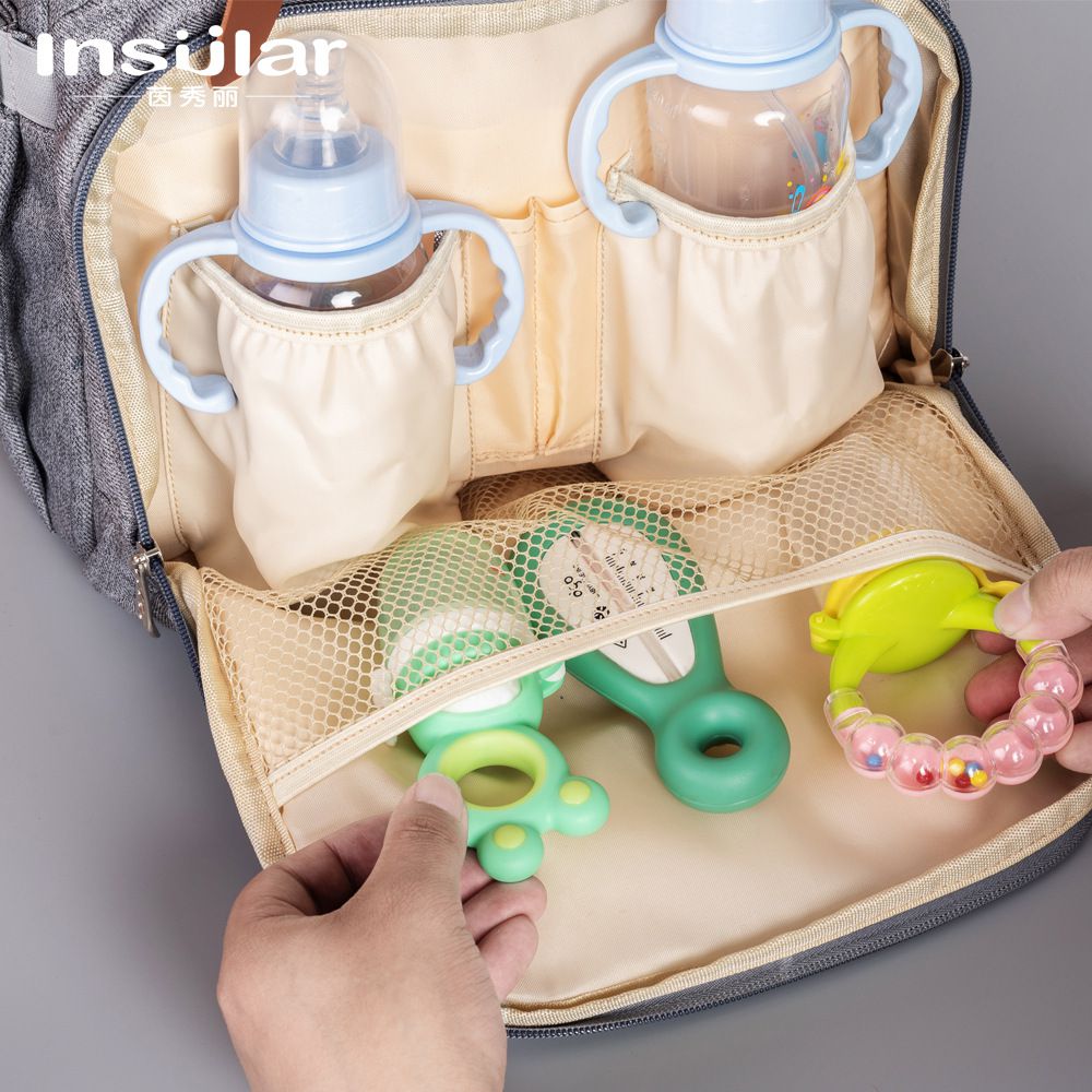 insular - 翻蓋式大開口媽媽包-黑灰色 (41x27x16.5cm)