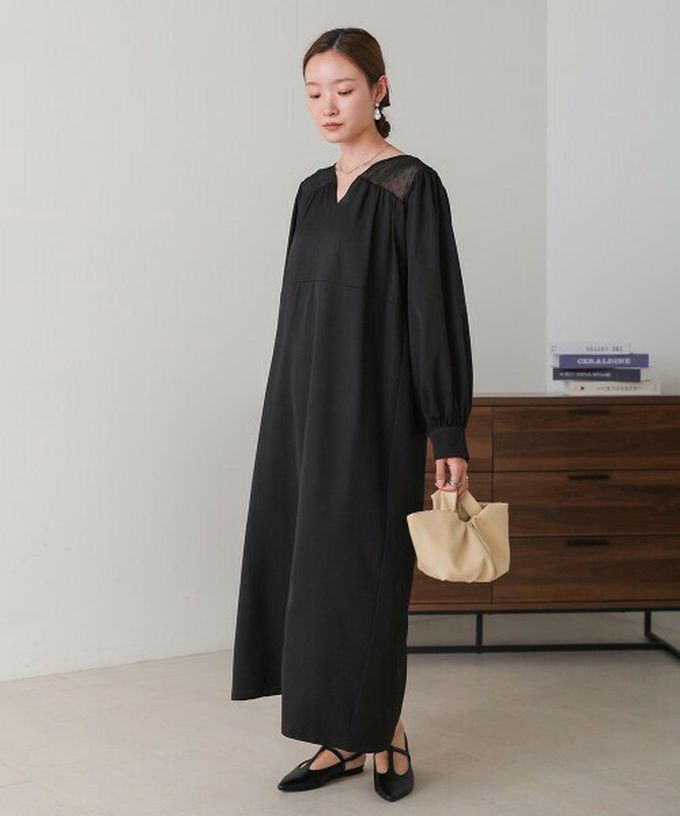 日本 Bab - 優雅蕾絲拼接背綁帶長袖洋裝-駝色