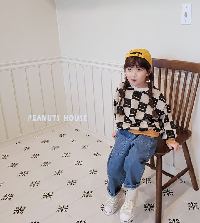 韓國 Peanuts House - 格紋方型臉印長袖針織上衣-黑X卡其