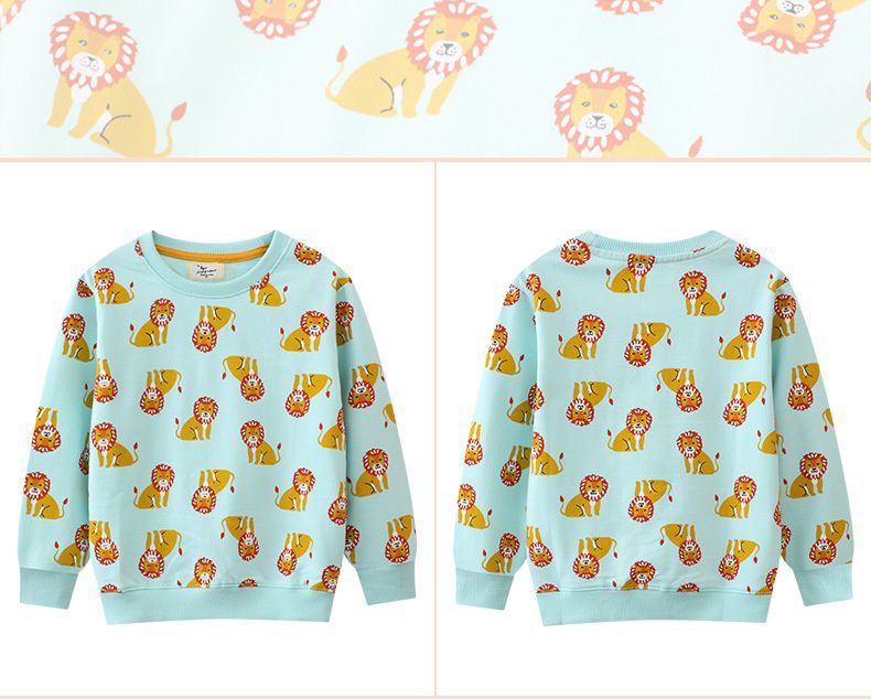 Jumping meters - 圓領棉質長袖上衣/大學T-滿滿獅子-藍綠色