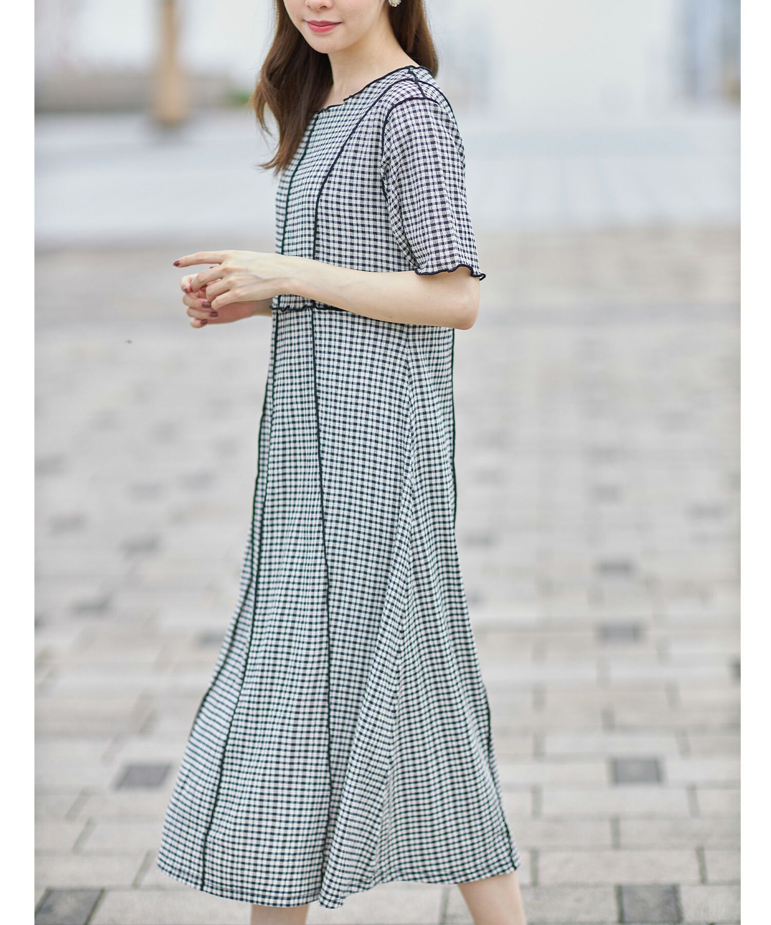 日本 tocco-closet - 修身線條五分袖洋裝-格紋-薄荷