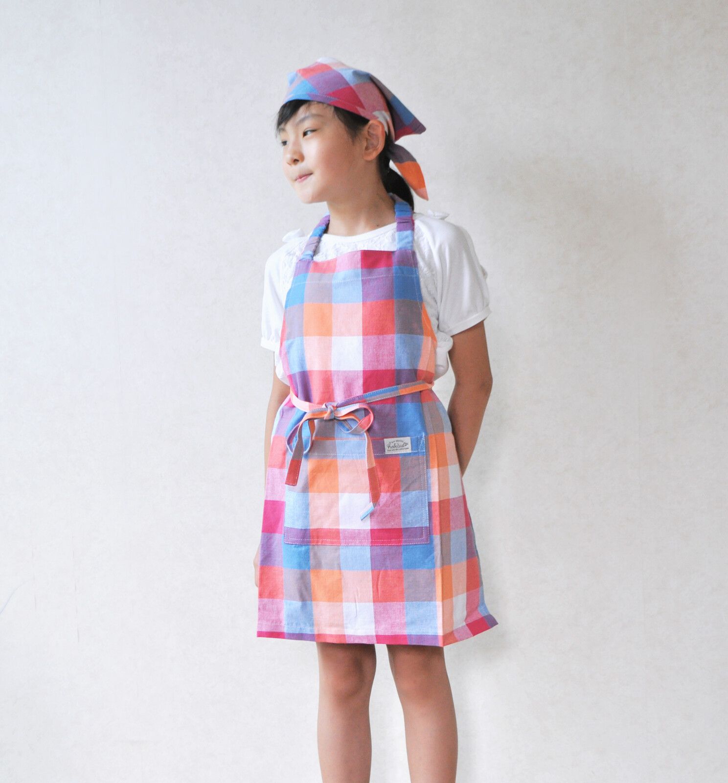 日本代購 - 印度棉兒童料理圍裙+頭巾兩件組-經典格紋-綠 (100cm~)