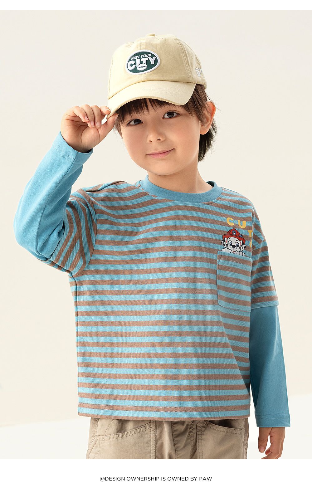 卡通汪汪隊圓領條紋拼接長袖上衣-卡通人物阿奇-綠色