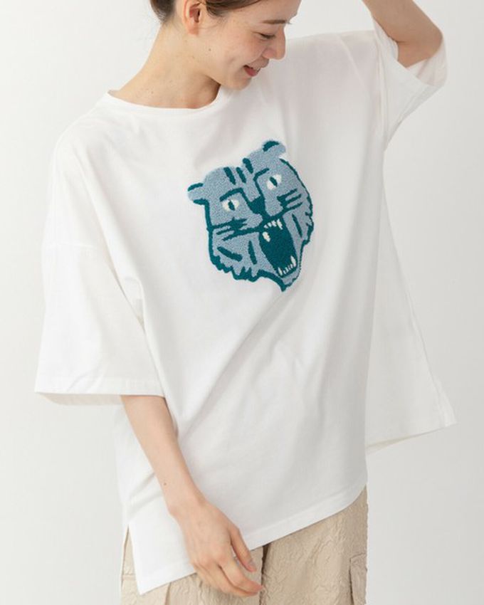 日本 gleam - 逗趣老虎相良刺繡寬大風短袖T恤-橘老虎-燕麥灰