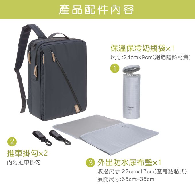 德國 Lassig - 都會機能雙層後背媽媽包-橄欖綠-含尿布墊+推車掛勾+保溫瓶收納包