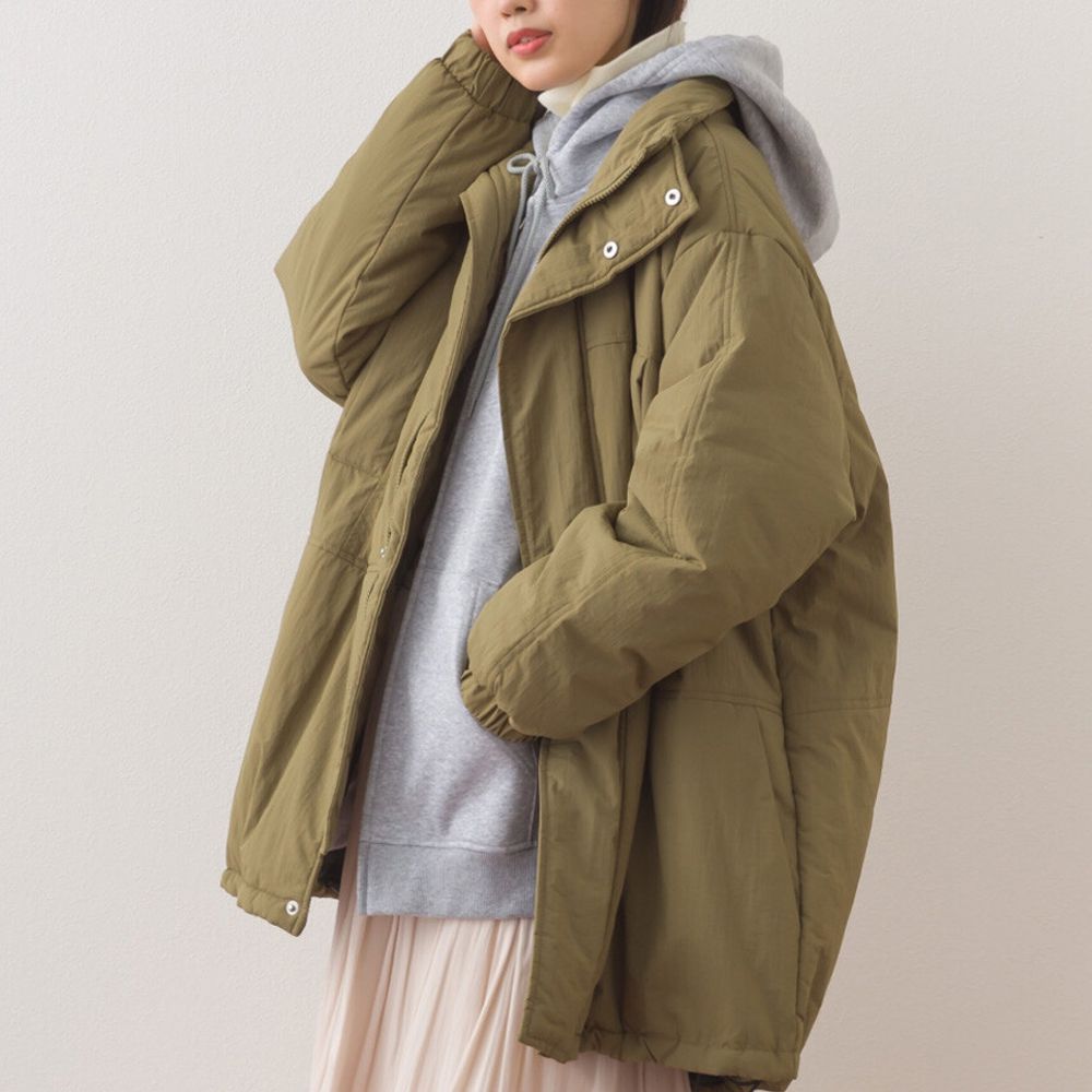 蓬鬆厚感科技羽絨大衣保暖外套-軍綠