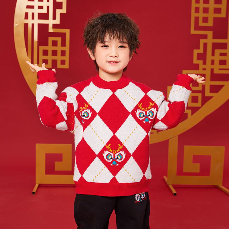 (加絨)喜氣拜年圓領針織長袖毛衣-福氣龍-紅+白