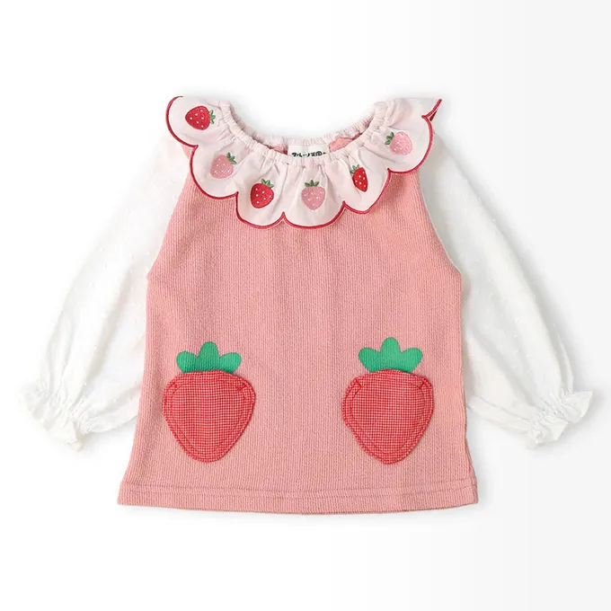 日本 ZOOLAND - 水果樂園 甜心草莓荷葉領長袖上衣-粉紅