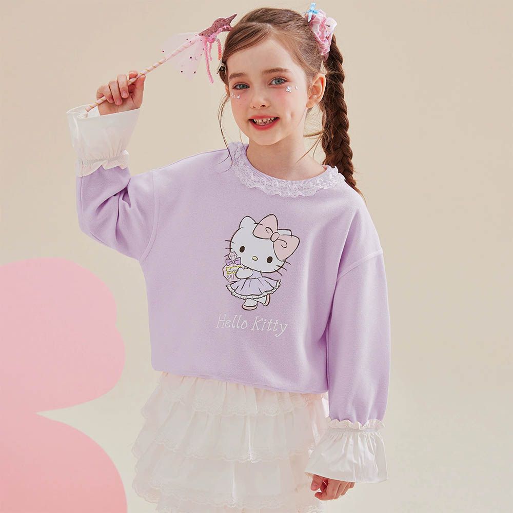 蕾絲領拼接花邊袖口長袖上衣-卡通人物Hello Kitty-紫色