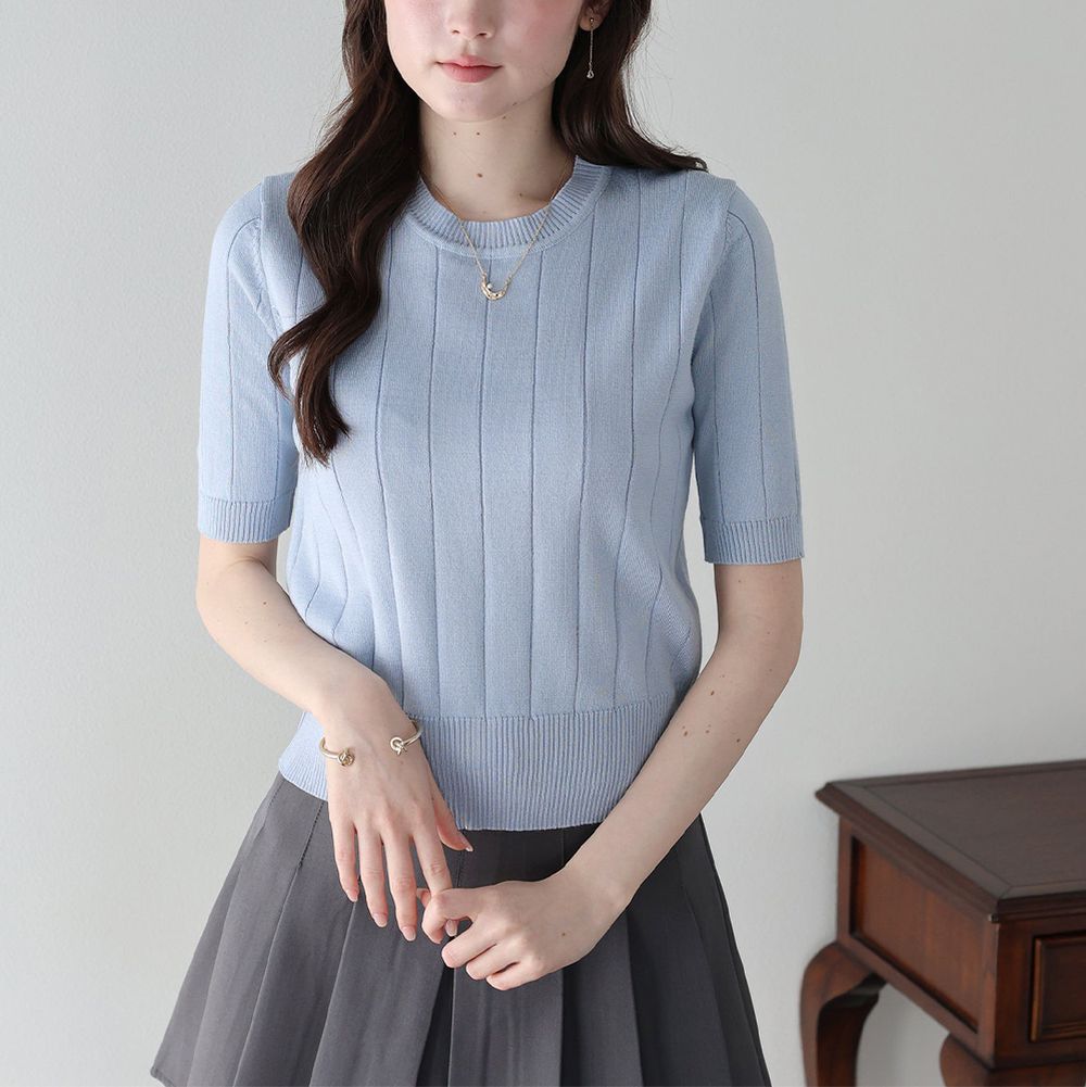 羅紋彈性薄針織五分袖上衣-水藍