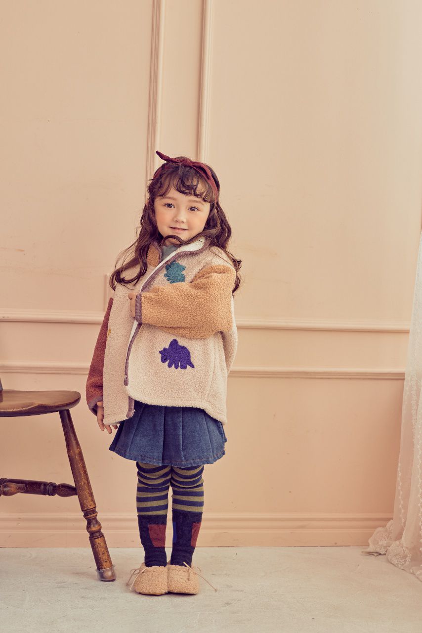 韓國 Mimico - 搖粒絨三色恐龍外套-玫粉X杏