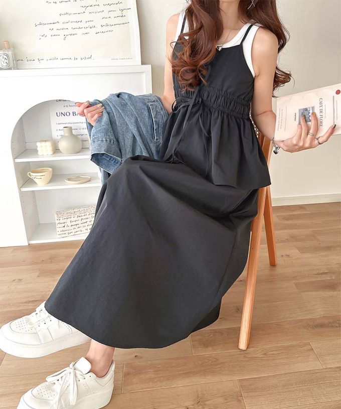 日本 Classical Elf - 假二件可愛皺摺荷葉吊帶洋裝-黑