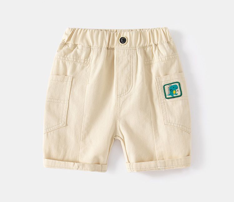 WELLKIDS - 腰鬆緊休閒五分褲-恐龍小標籤-卡其色