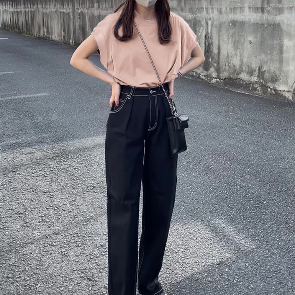 純棉百搭顯瘦法式袖長版上衣-淺粉 (F)