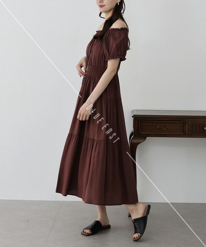 日本 BLUE EAST - 一字領2way露肩迷人短袖洋裝-典雅葉子-黑 (M)