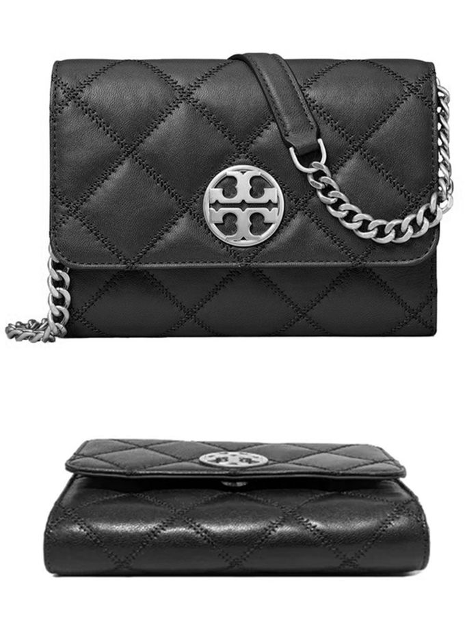 TORY BURCH - 菱格紋皮革翻蓋斜背鍊包 (黑)