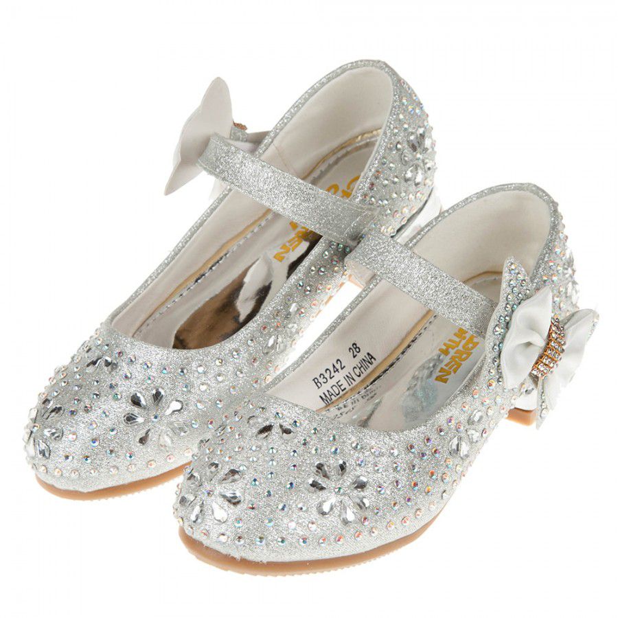 華麗風格璀燦亮鑽銀色低跟公主鞋