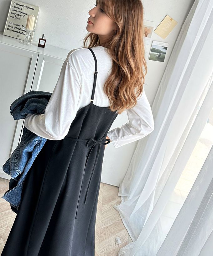 日本 Classical Elf - 秋冬感百搭花呢細肩帶傘狀洋裝-奶茶灰