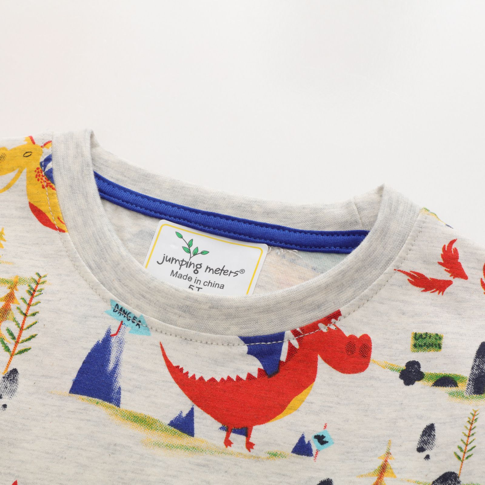 Jumping meters - 棉質圓領短袖上衣-大鼻子恐龍-灰色