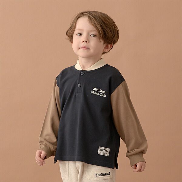 日本 b-ROOM - 運動風立領長袖Polo衫-深藍x棕