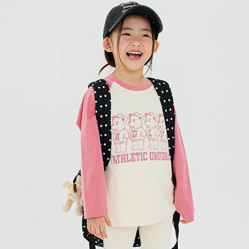 W.S.B. 熊熊拼色純棉長袖上衣-乾燥玫瑰粉