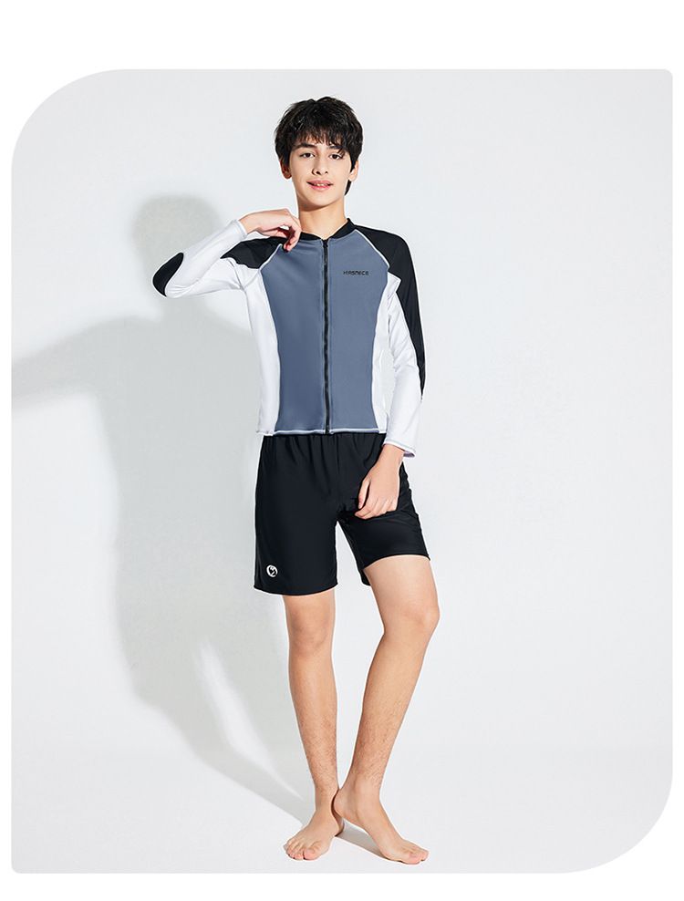 大童男孩長袖泳衣套裝(三件組)-拼色款-黑+白+紫-泳衣、長泳褲、短泳褲