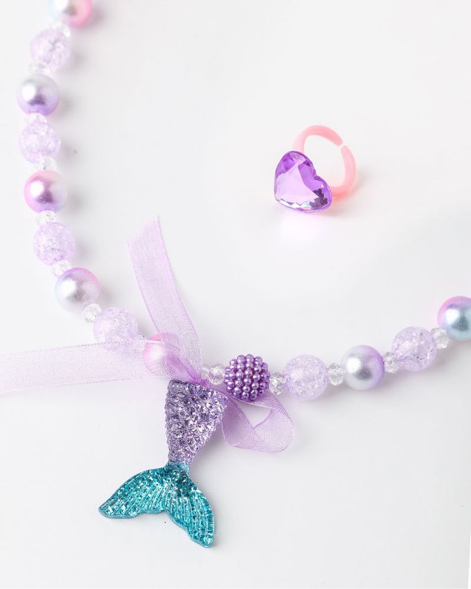 韓國 OZKIZ - (附配飾)海洋公主網紗裝飾短袖套裝-紫X湖綠