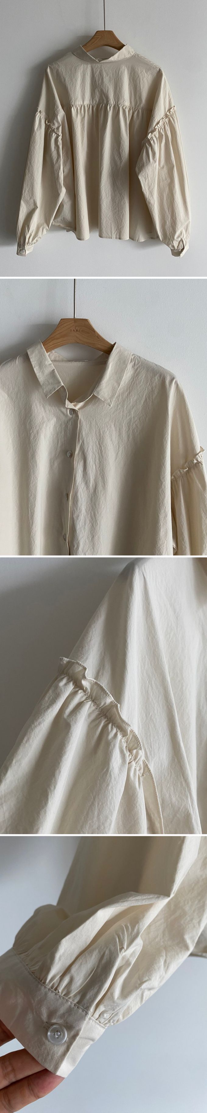 韓國女裝連線 - 極簡拼接翻領長袖襯衫-米杏 (FREE)