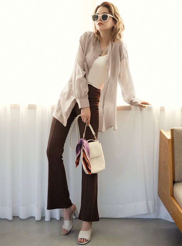 日本 GRL - 絲滑薄透感寬版長袖上衣/罩衫/外套-氣質杏