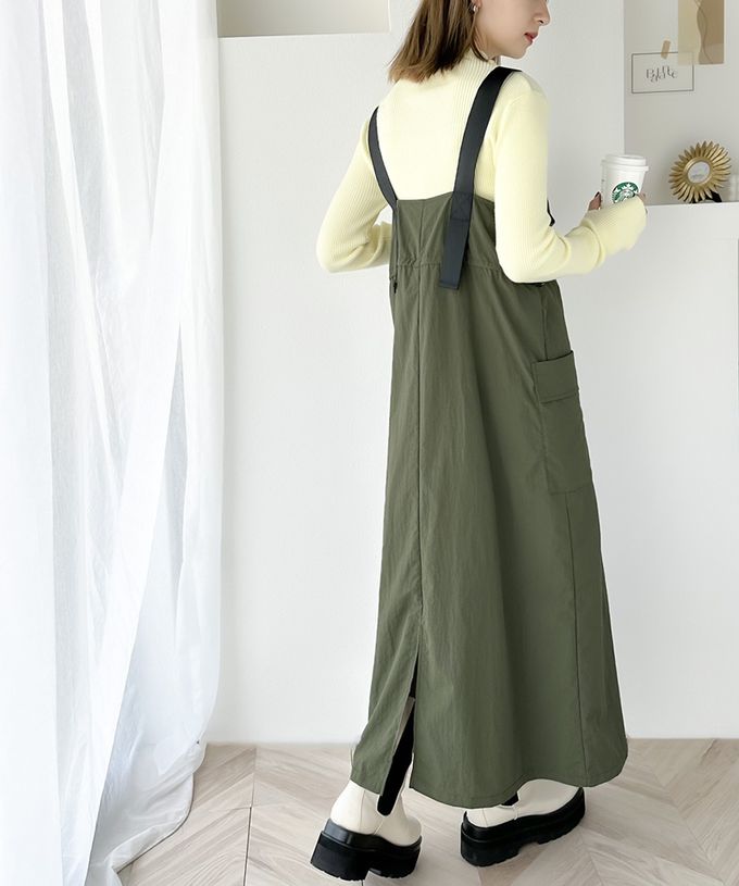 日本 Classical Elf - Java聯名 美式休閒抽繩吊帶裙-軍綠