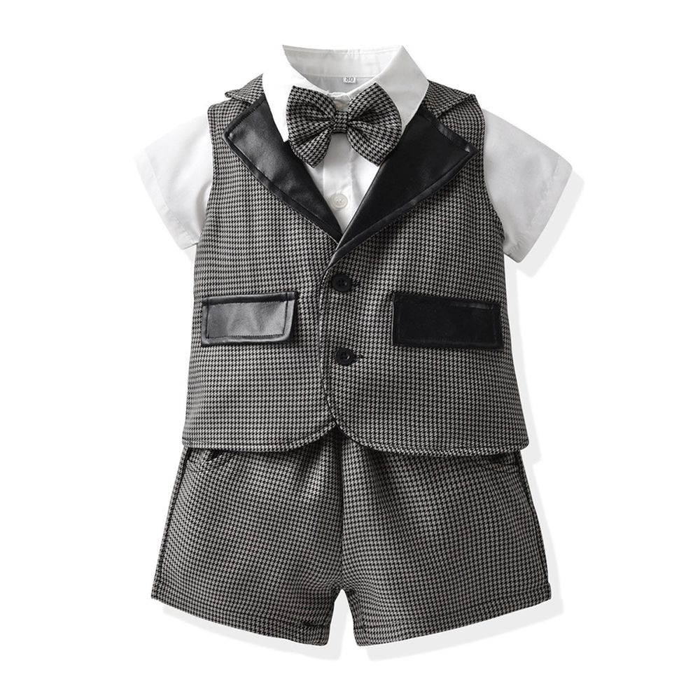 TemDoger - 小紳士皮革馬甲吊帶套裝-格紋馬甲(無背帶款)-深灰色