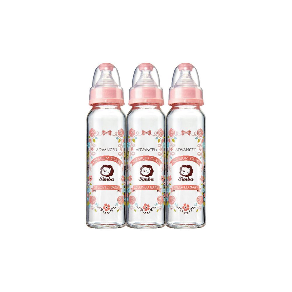 Simba 小獅王辛巴 - 蘿蔓晶鑽標準玻璃大奶瓶3支組(240ml)-玫瑰 (搭配圓孔S奶嘴)-新生專用